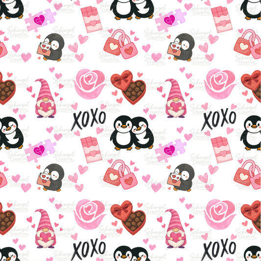 Seamless Valentine's Day pattern featuring cute hugging penguins, festive gnomes with pink hats, heart-shaped chocolates, roses, and XOXO text on a white background.