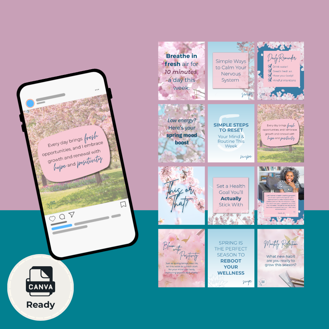 Seamless Instagram carousel templates for wellness education, featuring step-by-step spring health tips and stress management advice.