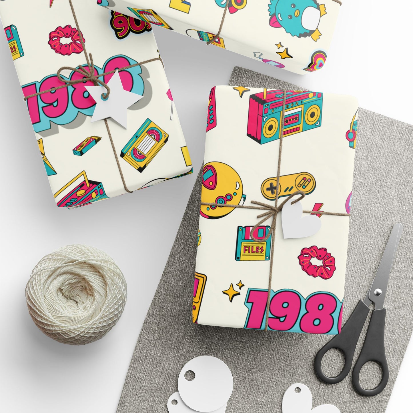 Close-up of 1986 vintage style gift wrap with retro typography, high-quality printed wrapping paper for a 40th birthday celebration.