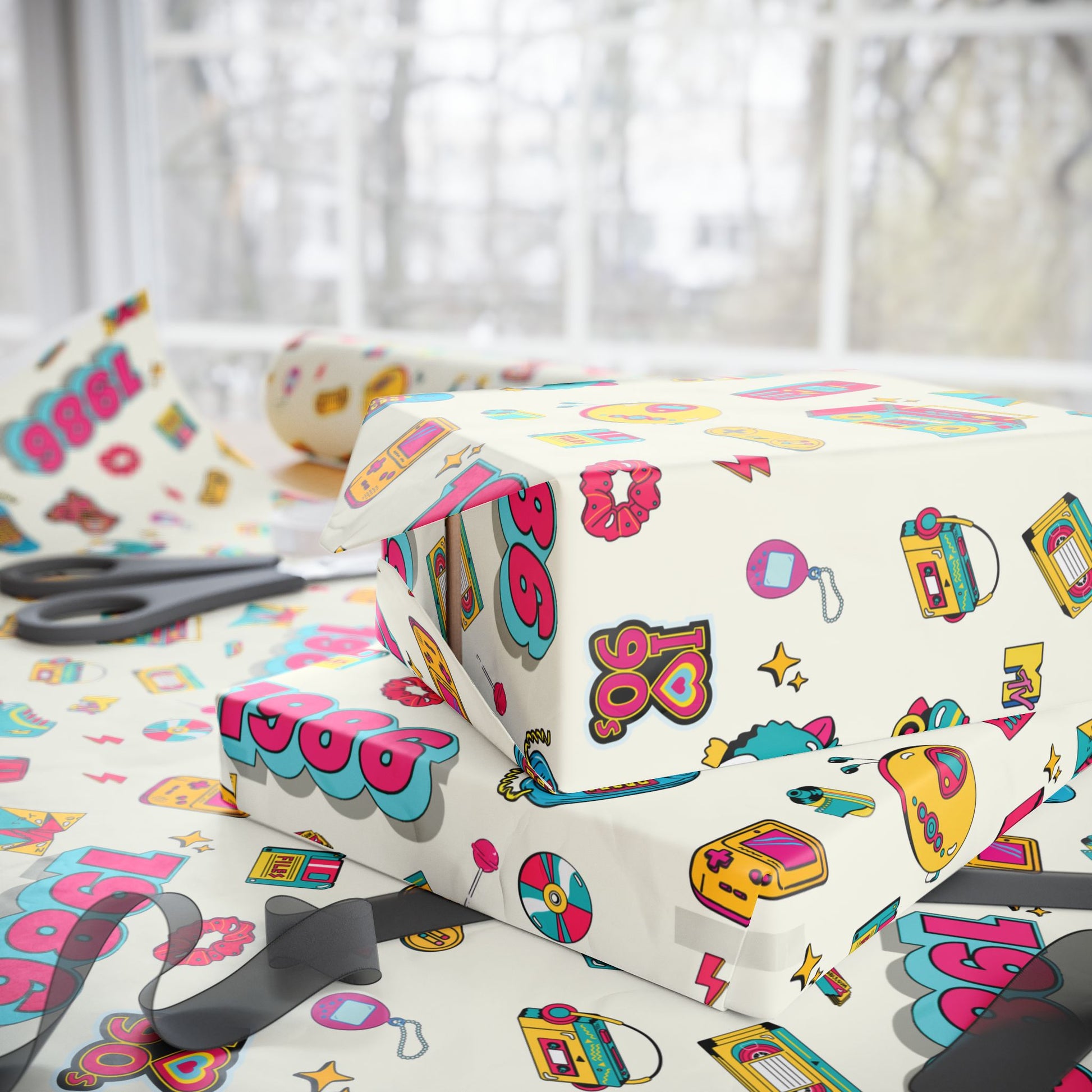 Wrapped gift box featuring 1986 retro birthday wrapping paper in a pretty pink aesthetic for a woman's 40th birthday celebration.