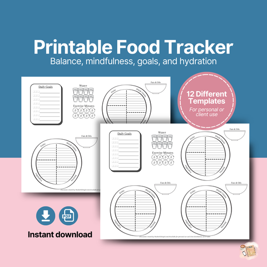 Printable food tracker with 12 different templates on a blue and pink background