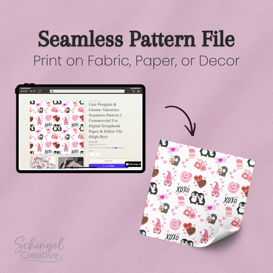 Promotional graphic showing a high-resolution seamless Valentine's pattern displayed on a tablet screen. An arrow points to a detailed swatch of the penguin and gnome design to show print quality. Text highlights the file's use for creating seamless social media carousels or digital paper backgrounds.
