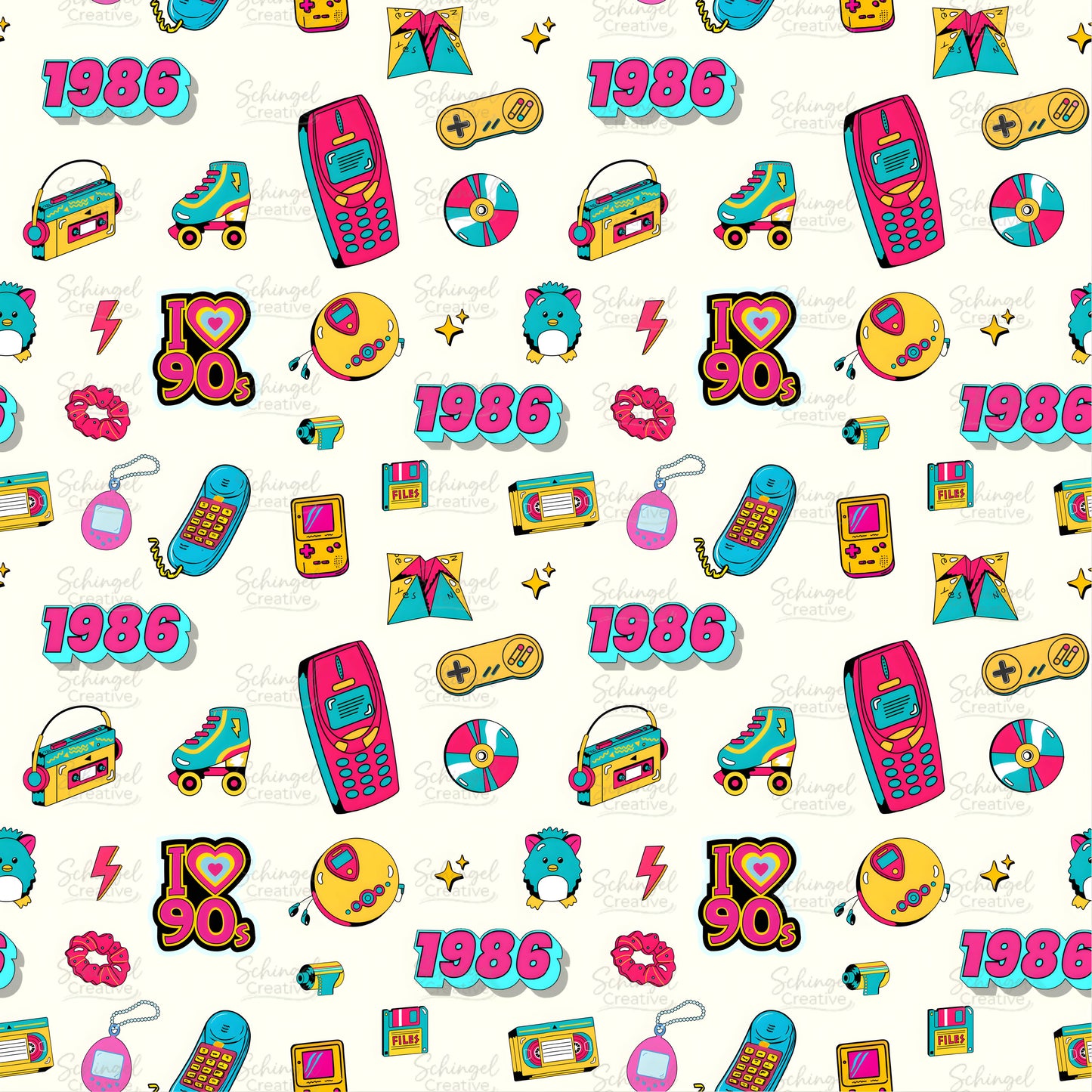 Neon 1986 geometric seamless pattern on black background. Retro 80s party decor design perfect for 40th birthday gift ideas and custom packaging.