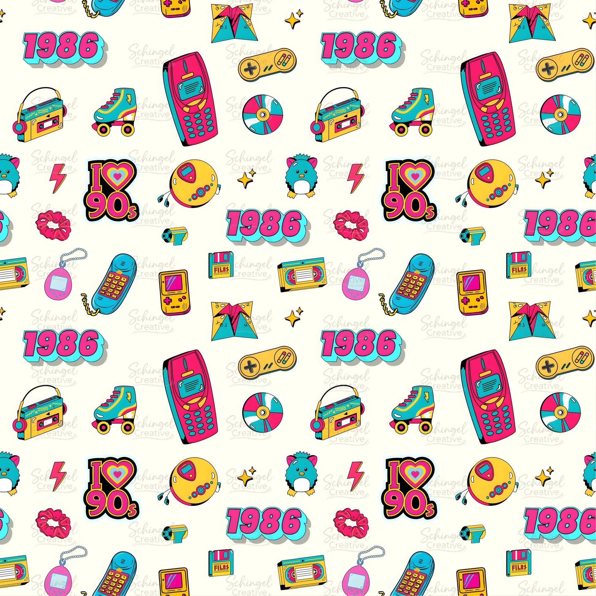 Neon 1986 geometric seamless pattern on black background. Retro 80s party decor design perfect for 40th birthday gift ideas and custom packaging.