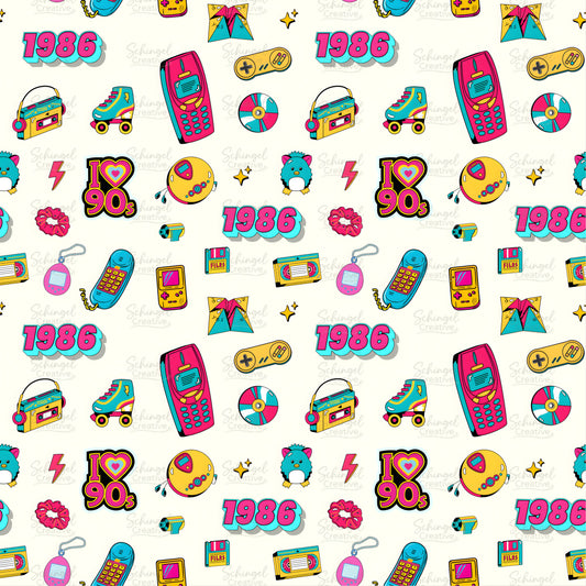 Neon 1986 geometric seamless pattern on black background. Retro 80s party decor design perfect for 40th birthday gift ideas and custom packaging.