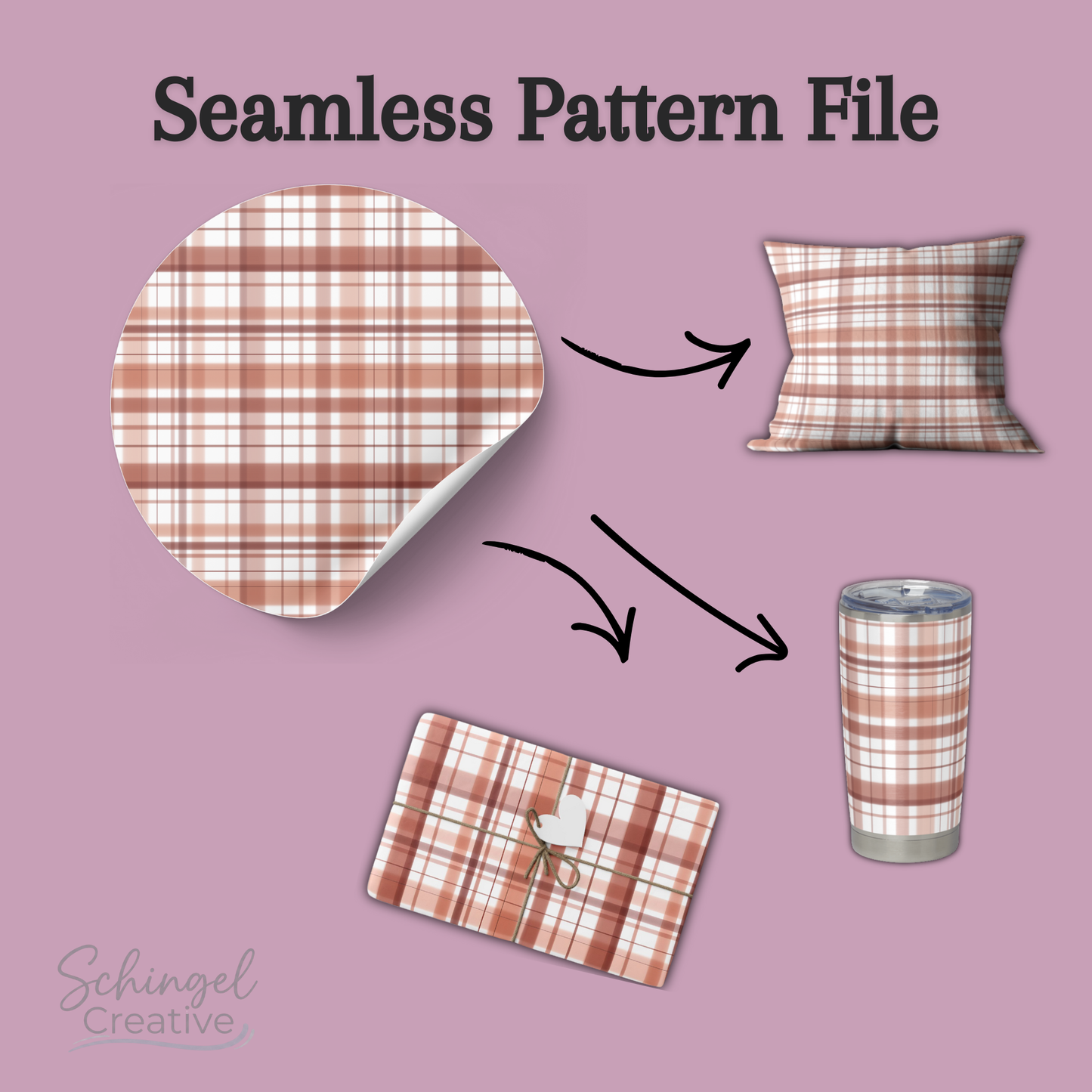 Artisan terracotta plaid pattern mockup showing the earthy rust design applied to home decor products like a throw pillow and a travel tumbler.