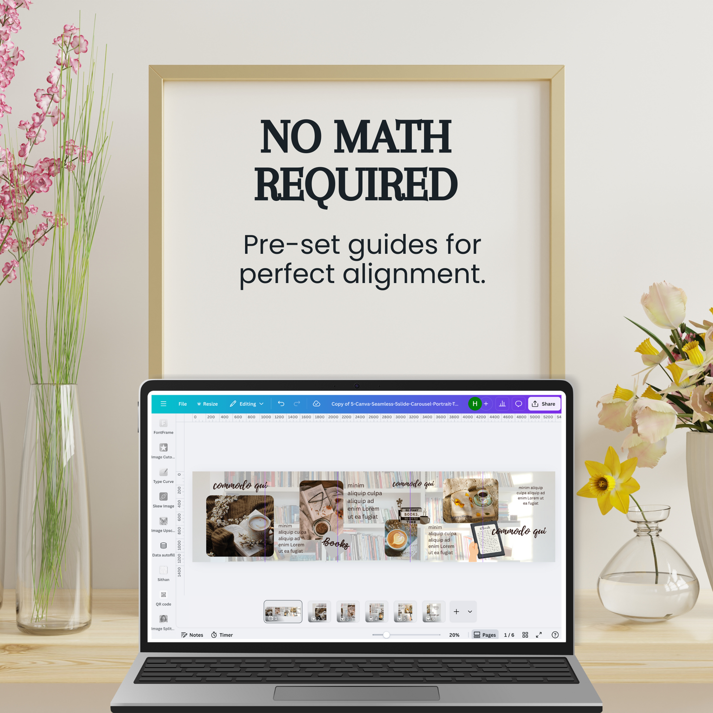 Close-up of a canva carousel template showing pre-set purple alignment guides so you can design without measuring.