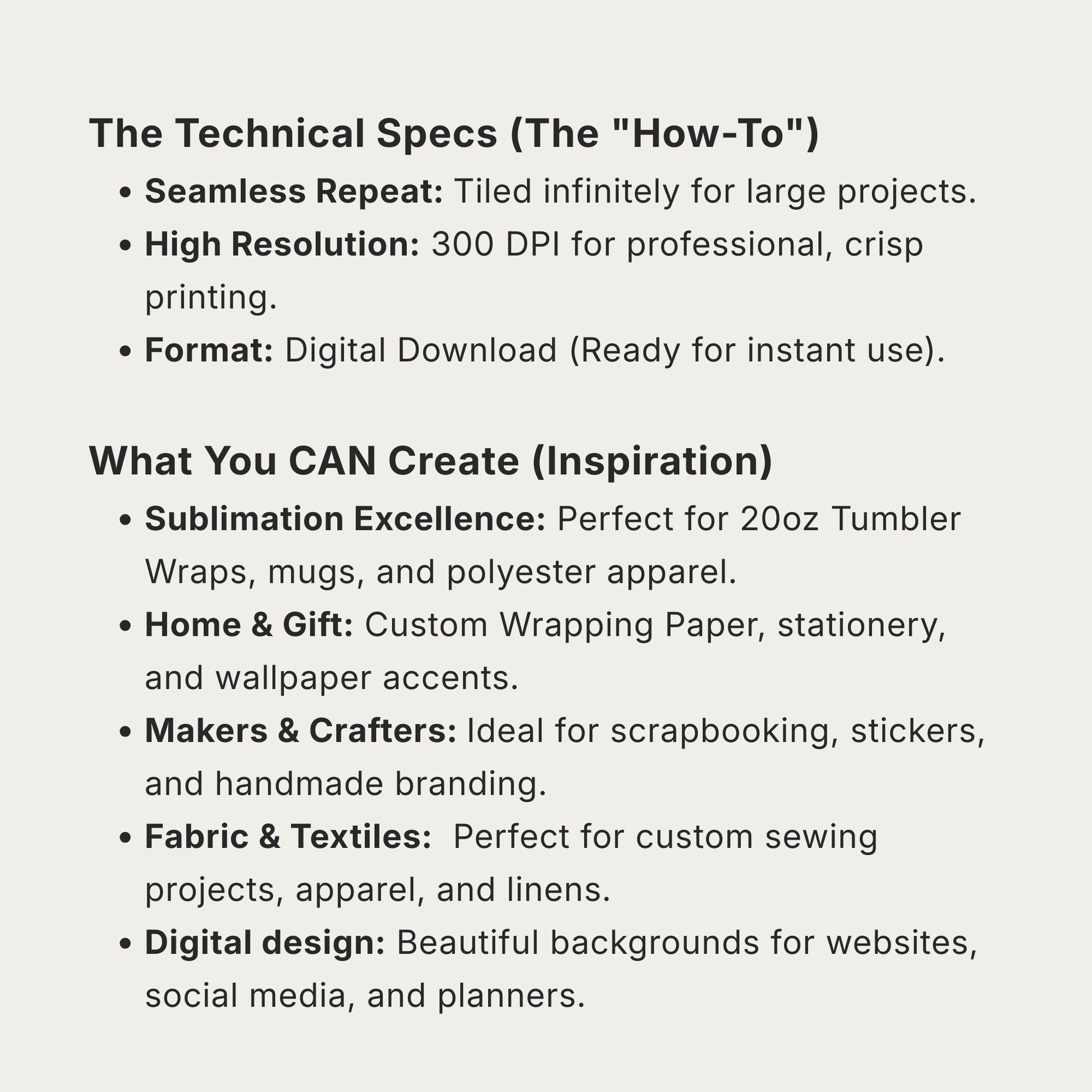 Guide for using Schingel Creative seamless patterns for fabric printing, sublimation tumbler wraps, and DIY wrapping paper.