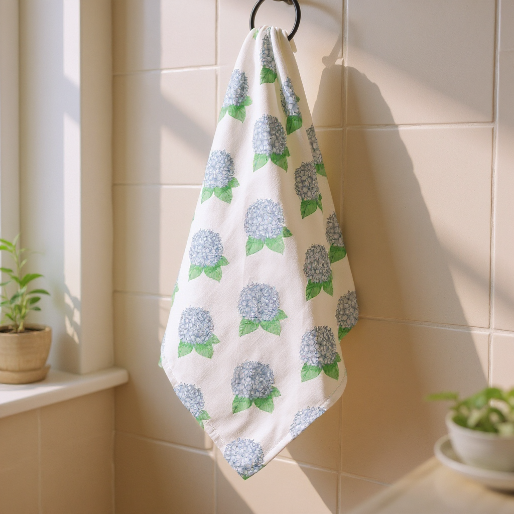 blue hydrangea floral seamless pattern applied to a kitchen tea towel