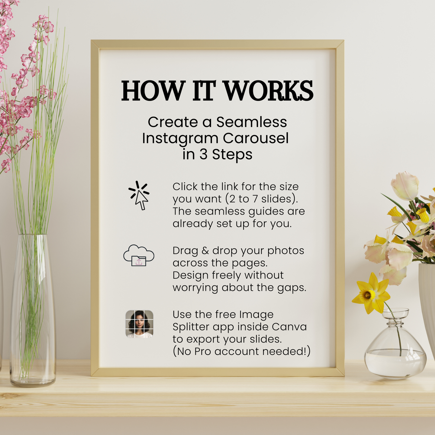 Infographic showing the 3-step process to download, design, and split a canva instagram carousel using the free image splitter.