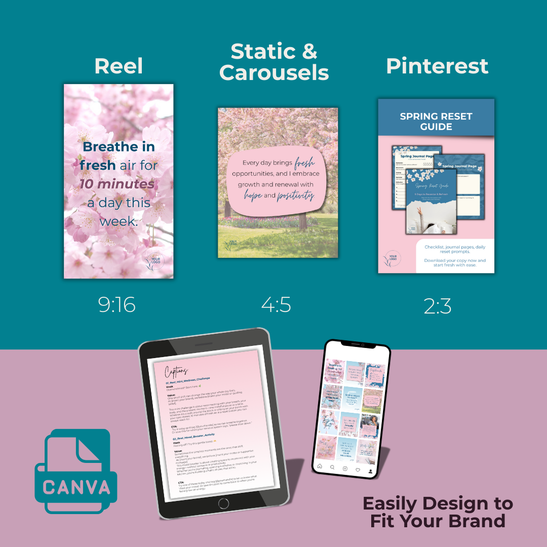 Vertical Pinterest pin templates for wellness bloggers and coaches, optimized for spring reset content and mental health tips.