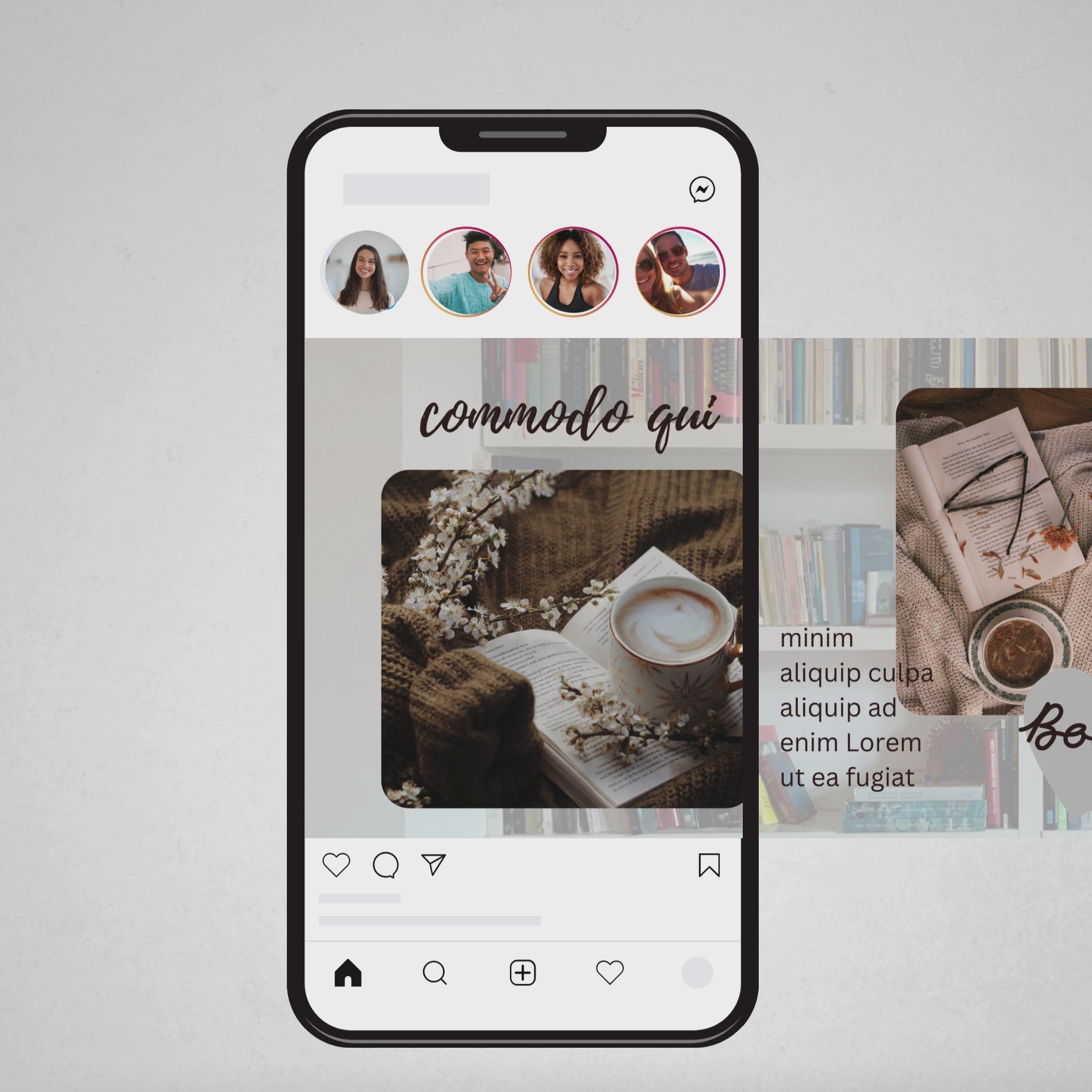 Animation showing a phone screen scrolling through a seamless instagram carousel designed in Canva, demonstrating how the images flow continuously from one slide to the next without gaps.