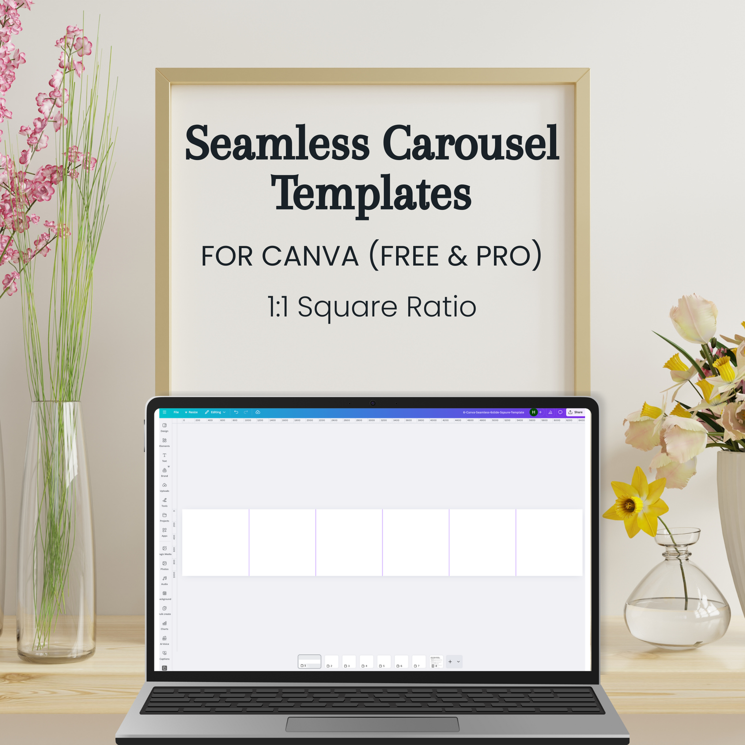 Laptop screen displaying a blank seamless instagram carousel template in the classic 1:1 square ratio (1080x1080px), designed for Canva Free and Pro users to create continuous scrolling posts.