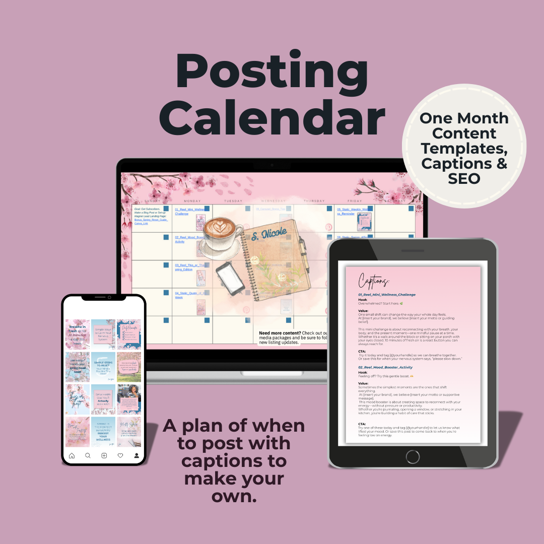 30-day social media content calendar and marketing plan specifically designed for wellness coaches launching a spring reset challenge