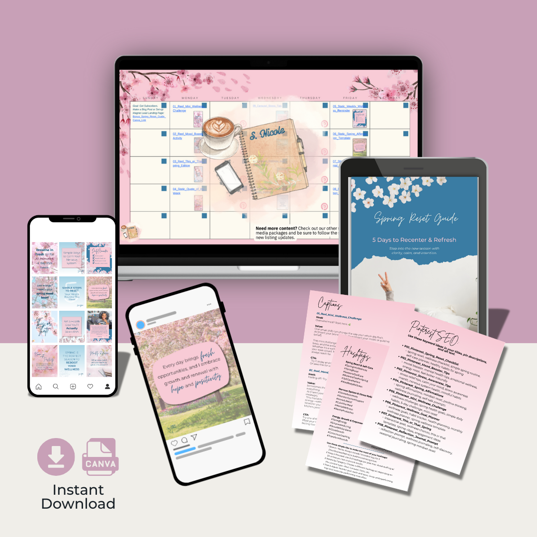 Complete Spring Reset social media template bundle for wellness coaches, featuring editable Canva Instagram posts, carousels, and a digital guide.