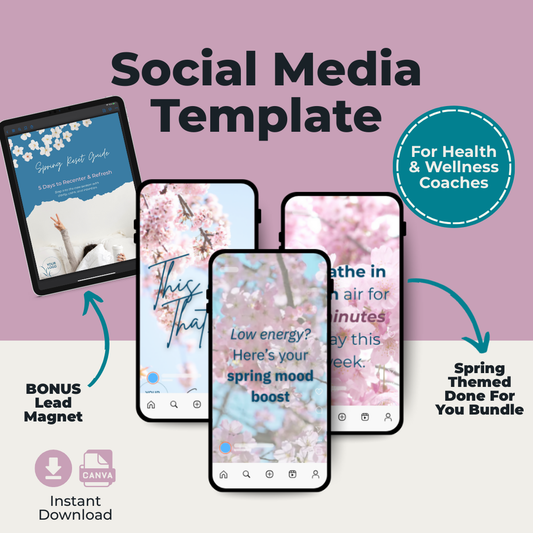 Complete Spring Reset social media template bundle for wellness coaches, featuring editable Canva Instagram posts, carousels, and a digital guide.